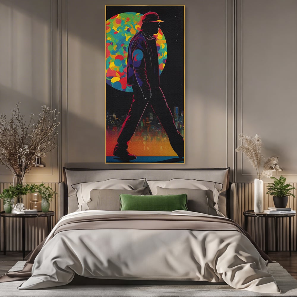Tablou canvas cu silueta unui barbat mergand pe fundal urban, in rama de aluminiu auriu, pe perete intr-un dormitor